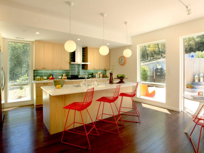Kitchen Bar with red stools